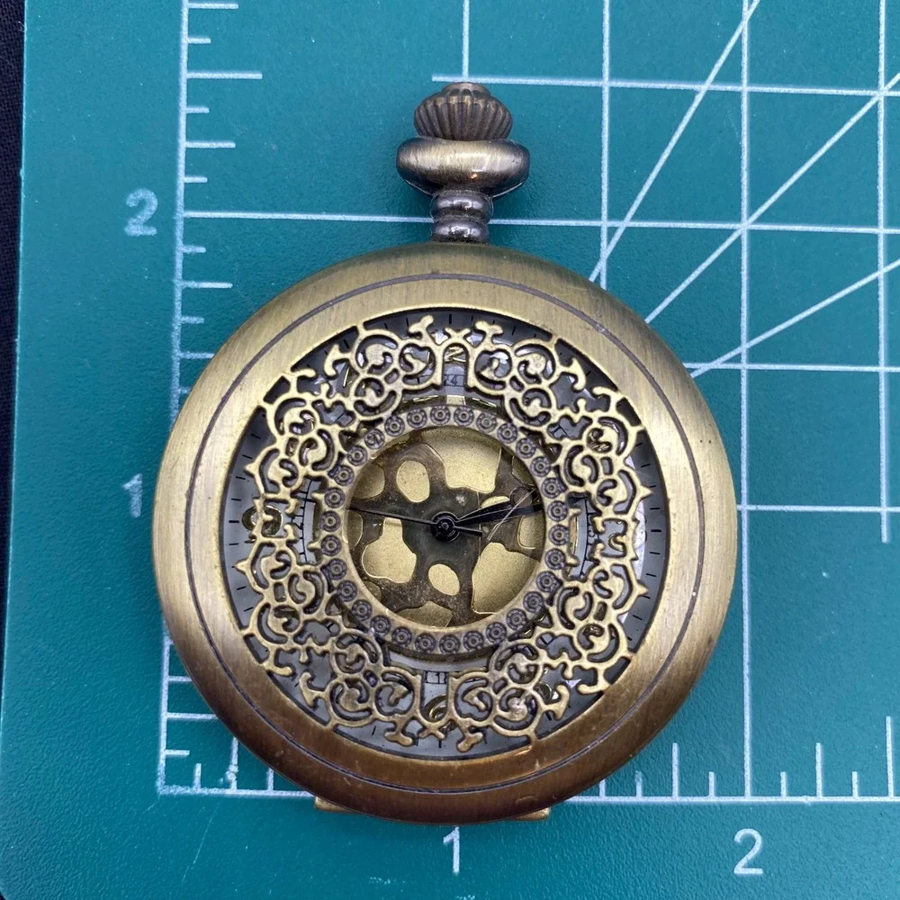 Pocket Watch Brass Filigree Skeleton Steampunk Engraved Victorian Goth Untested
